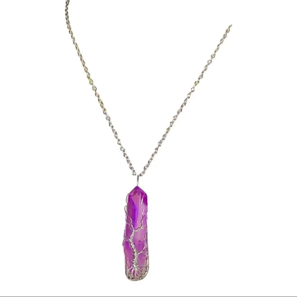 Wire Wrapped Quartz Crystal Necklace Tree of Life, Lavender - Picture 4 of 15